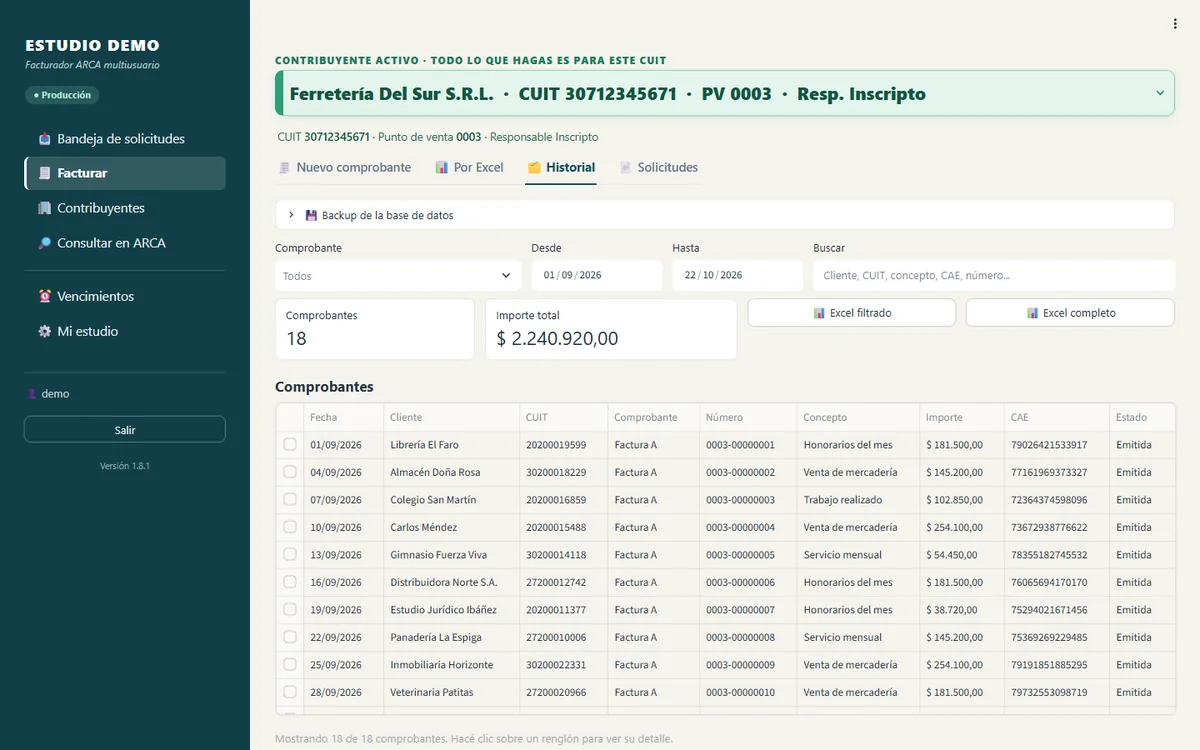 Historial de comprobantes con filtros, totales y exportación a Excel